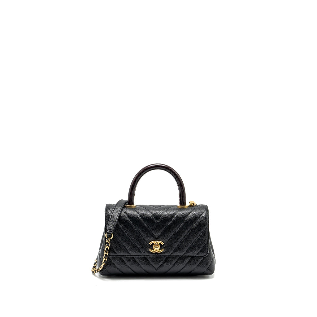 CHANEL SMALL COCO HANDLE CHEVRON CAVIAR WITH LIZARD EMBOSSED HANDLE BLACK/ BURGUNDY GHW