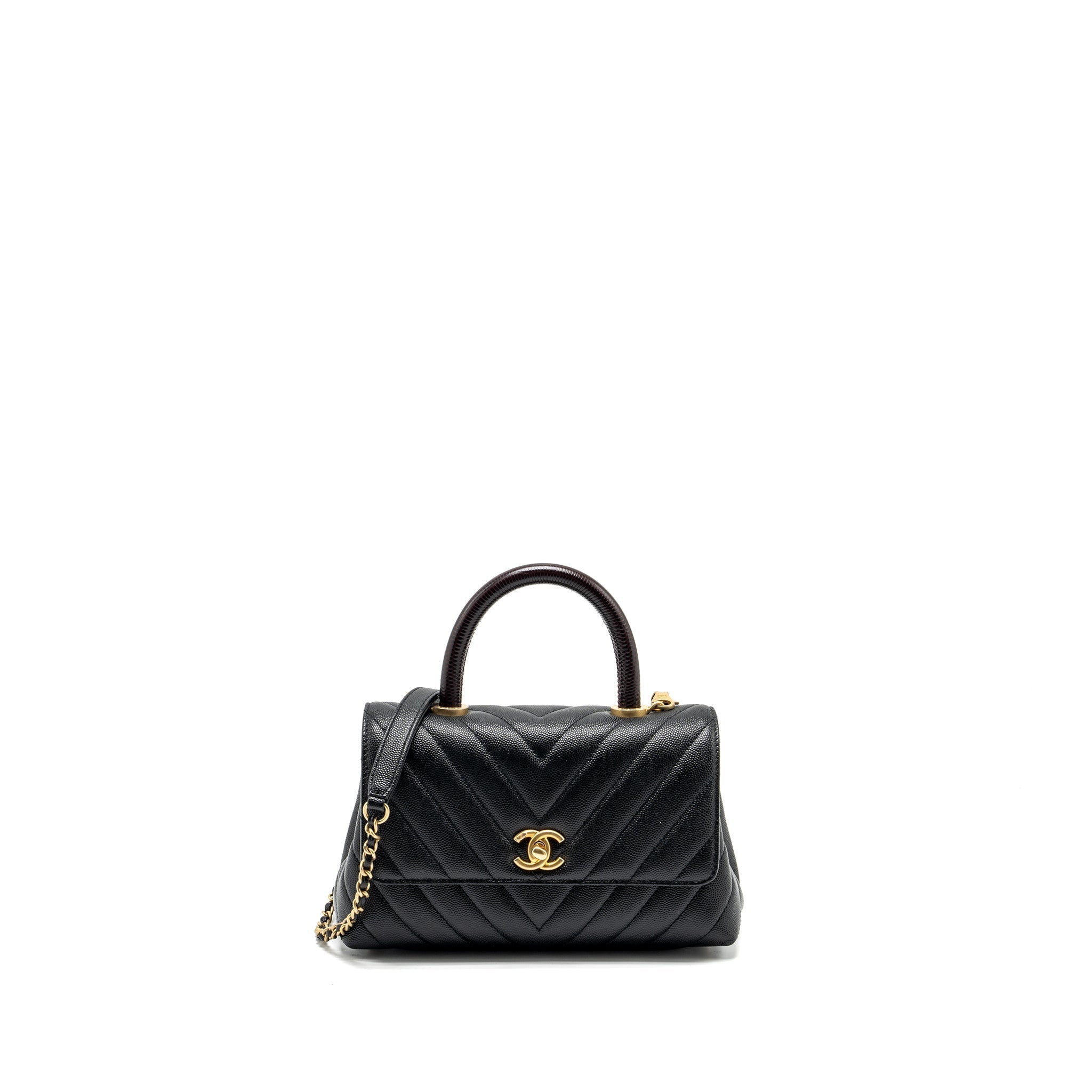 CHANEL SMALL COCO HANDLE CHEVRON CAVIAR WITH LIZARD EMBOSSED HANDLE BLACK/ BURGUNDY GHW