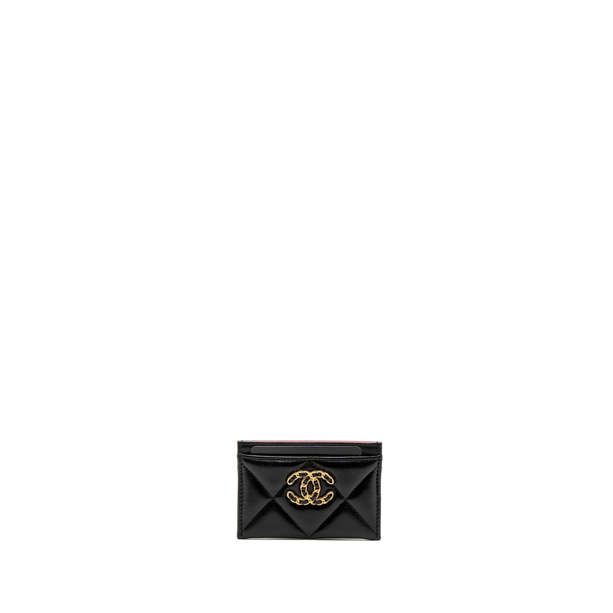 CHANEL 19 CARD HOLDER LAMBSKIN BLACK/PINK GHW (MICROCHIP)
