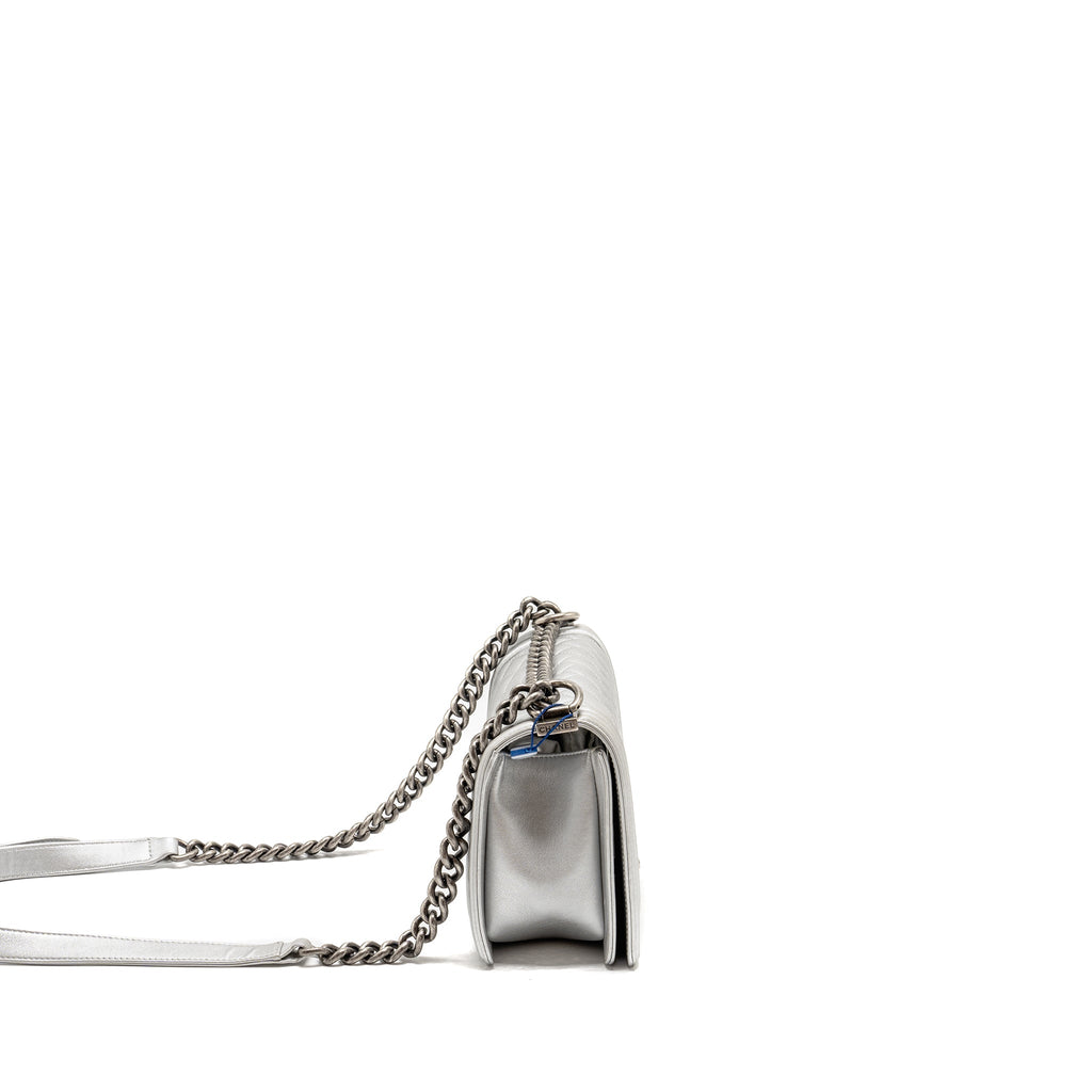 CHANEL MEDIUM BOY BAG LAMBSKIN SILVER SHW