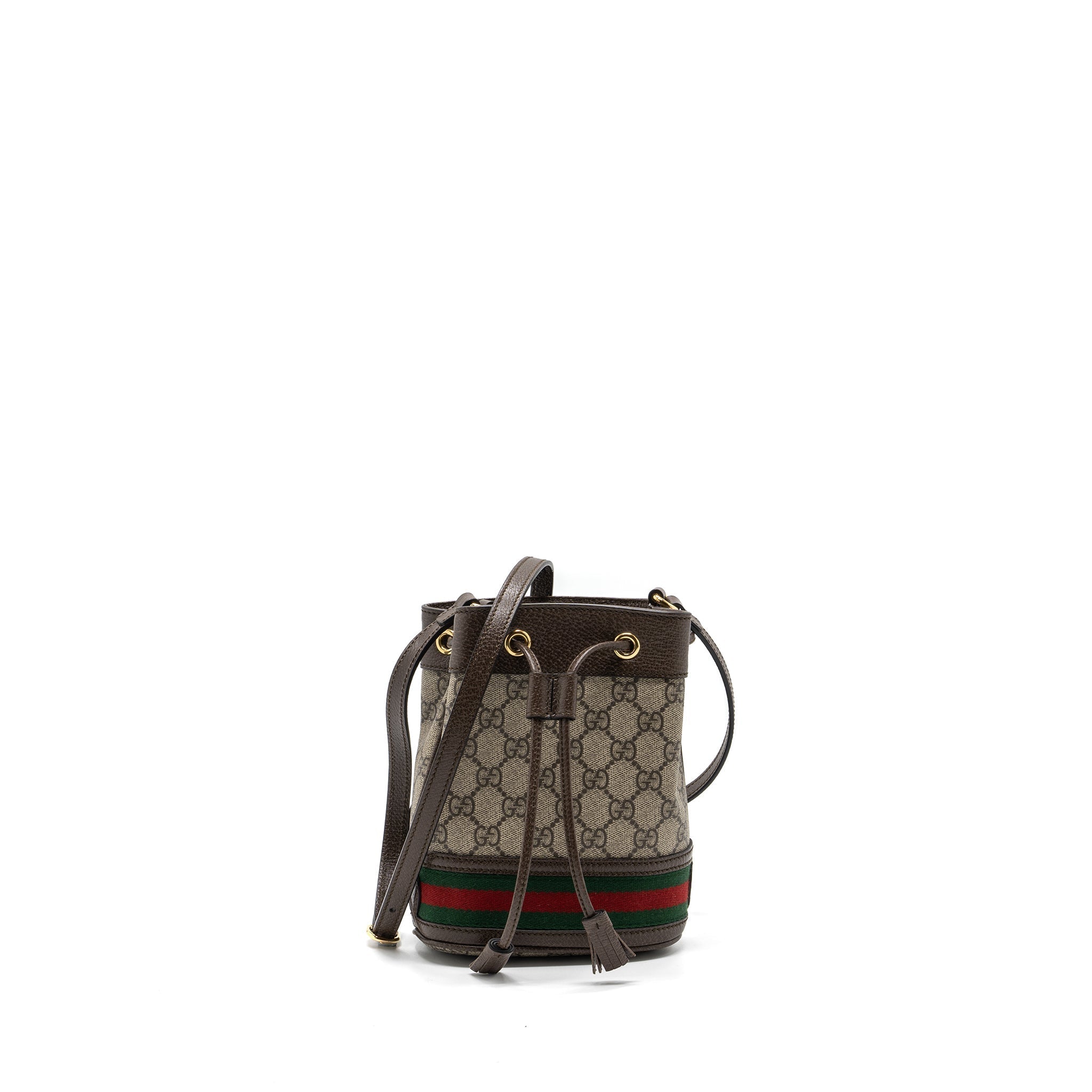 GUCCI OPHIDIA MINI GG BUCKET BAG BEIGE / EBONY GG SUPREME CANVAS GHW