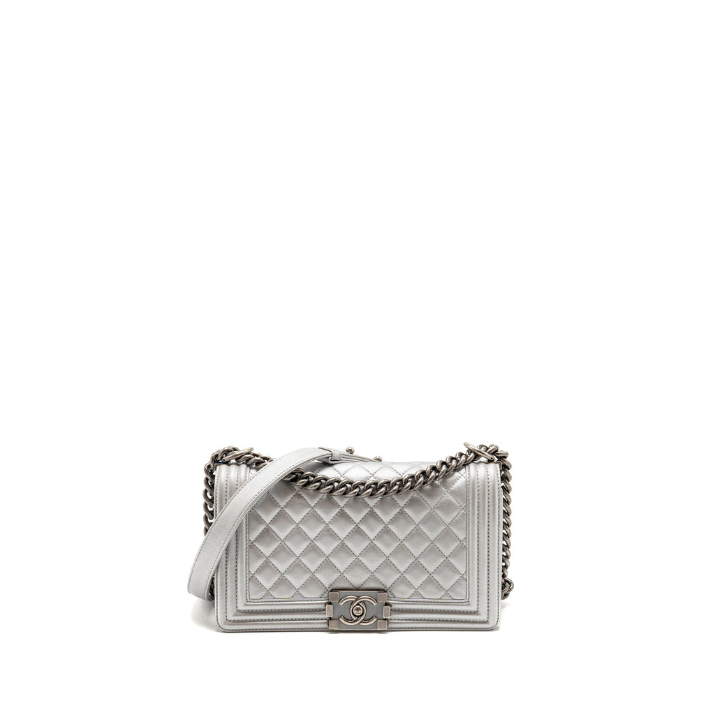 CHANEL MEDIUM BOY BAG LAMBSKIN SILVER SHW