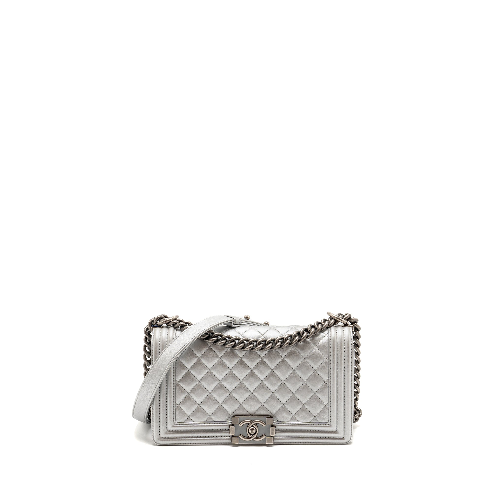 CHANEL MEDIUM BOY BAG LAMBSKIN SILVER SHW