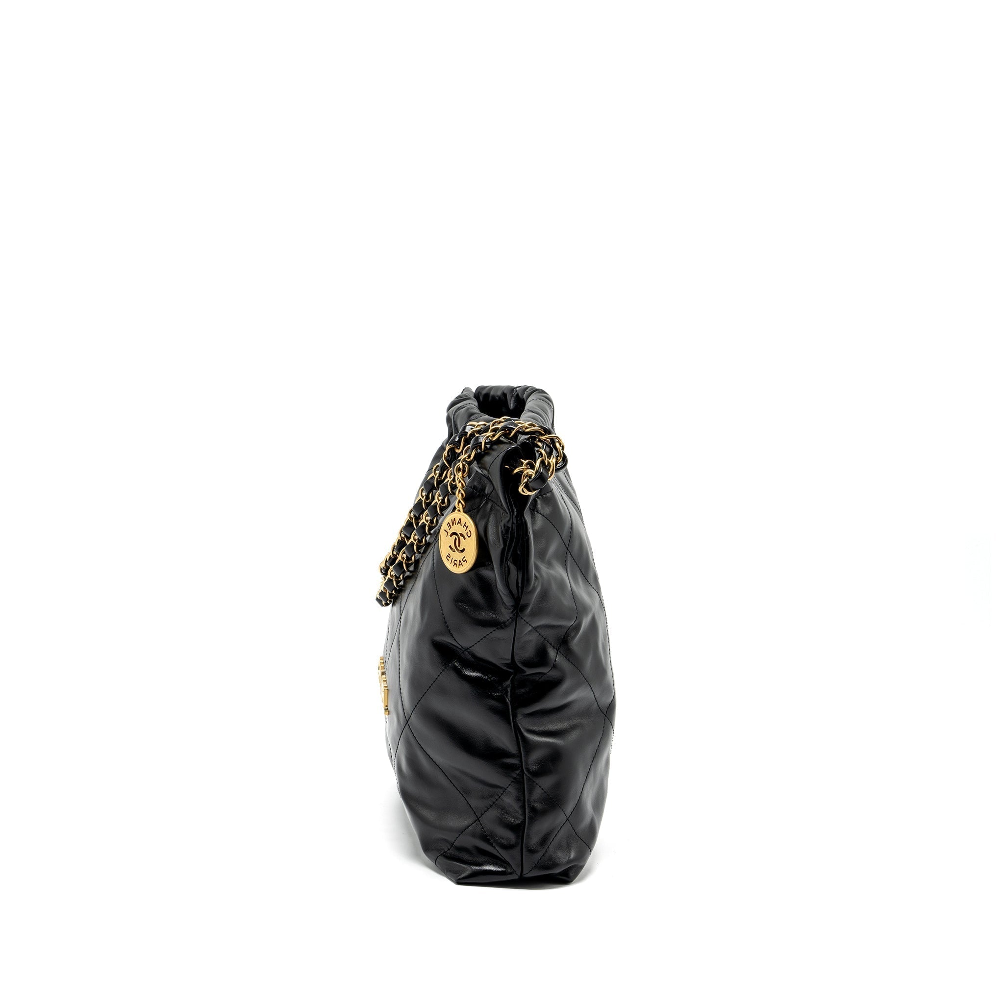 CHANEL SMALL 22 BAG GOLD LETTER SHINY CALFSKIN BLACK GHW (MICROCHIP)