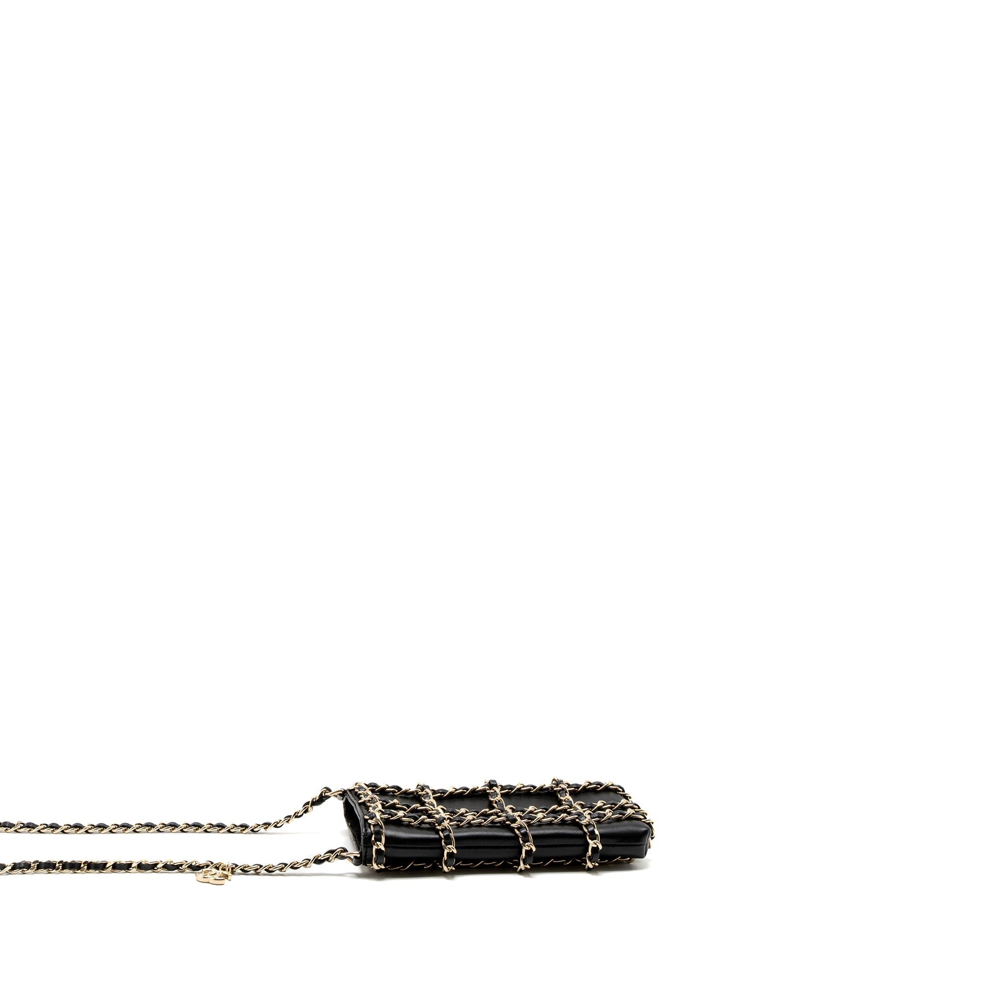 CHANEL GOLD CLUTH O CHAIN VERTICAL PHONE HOLDER LAMBSKIN BLACK GHW