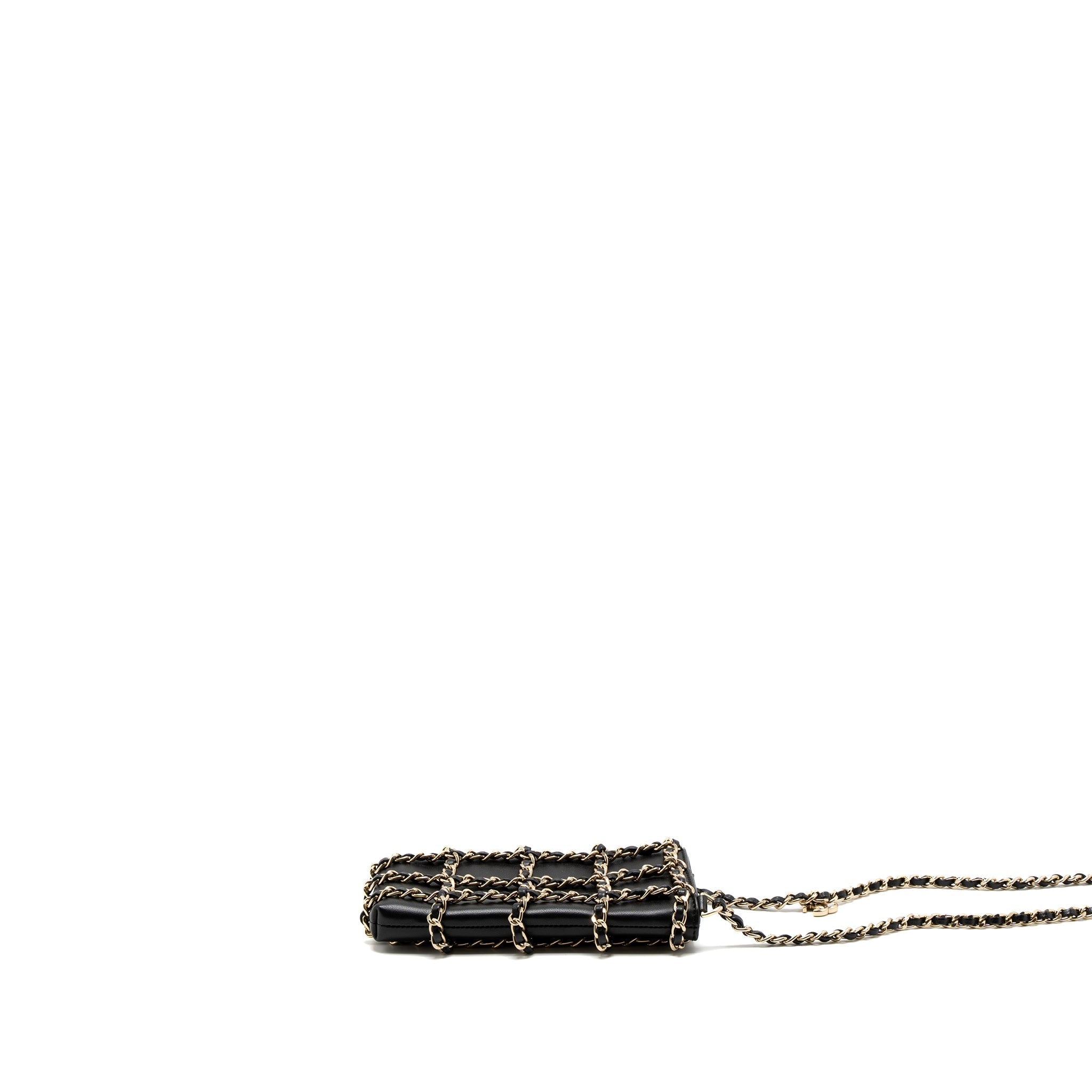 CHANEL GOLD CLUTH O CHAIN VERTICAL PHONE HOLDER LAMBSKIN BLACK GHW
