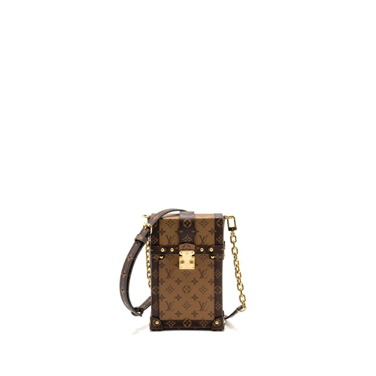 LOUIS VUITTON VERTICAL TRUNK POCHETTE WITH CHAIN MONOGRAM REVERSE CANVAS GHW