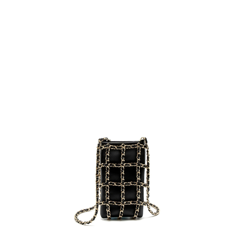 CHANEL GOLD CLUTH O CHAIN VERTICAL PHONE HOLDER LAMBSKIN BLACK GHW