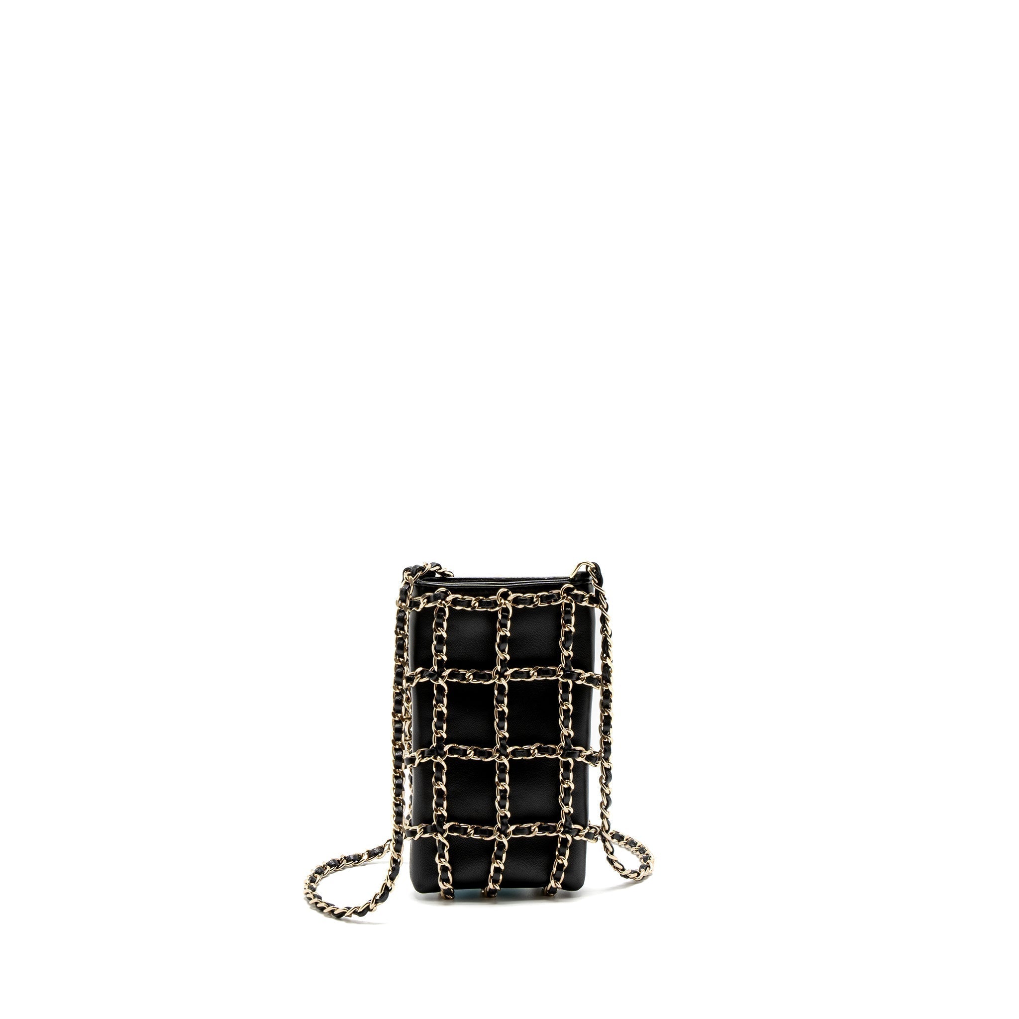 CHANEL GOLD CLUTH O CHAIN VERTICAL PHONE HOLDER LAMBSKIN BLACK GHW