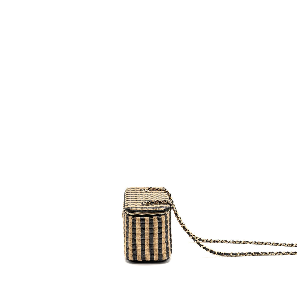 CHANEL LONG VANITY CASE BAG RAFFIA/CALFSKIN BLACK/BEIGE LGHW
