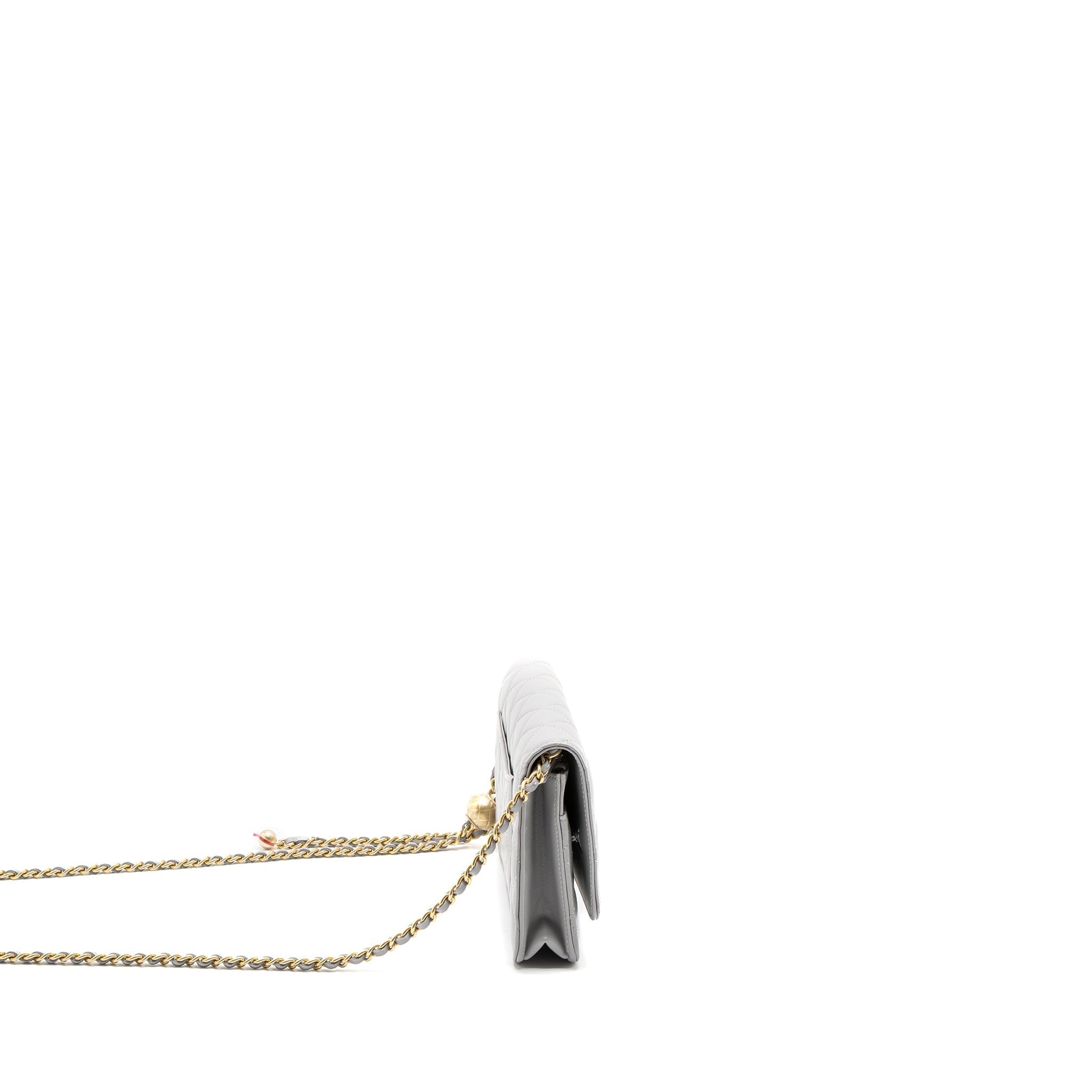 CHANEL PEARL CRUSH WALLET ON CHAIN LAMBSKIN LIGHT GREY BRUSHED GHW (MICROCHIP)