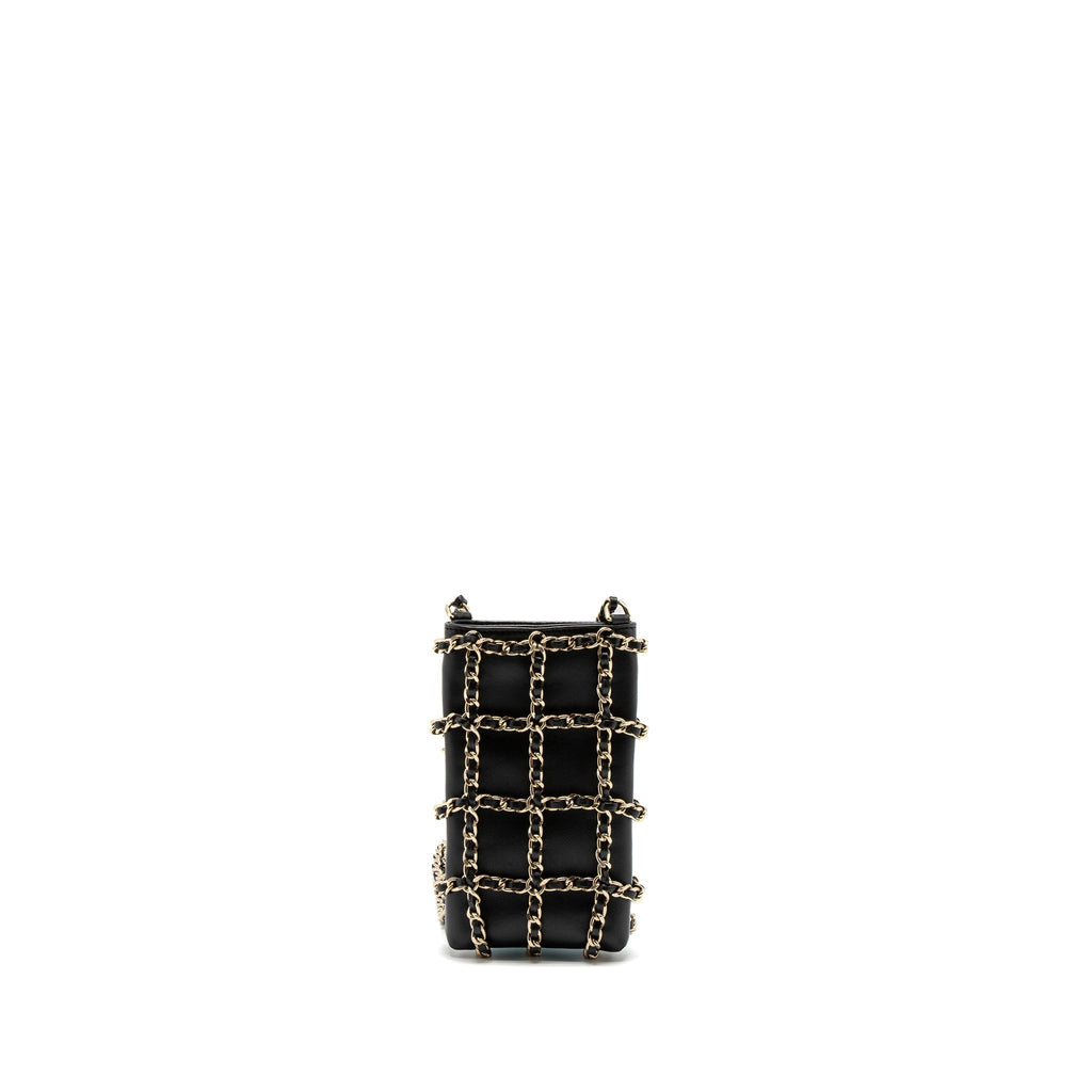 CHANEL GOLD CLUTH O CHAIN VERTICAL PHONE HOLDER LAMBSKIN BLACK GHW