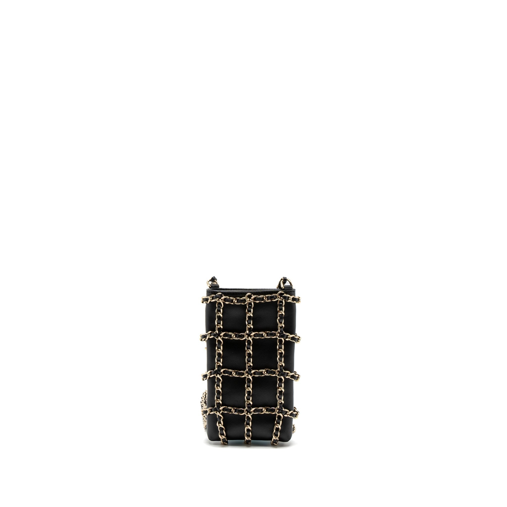 CHANEL GOLD CLUTH O CHAIN VERTICAL PHONE HOLDER LAMBSKIN BLACK GHW