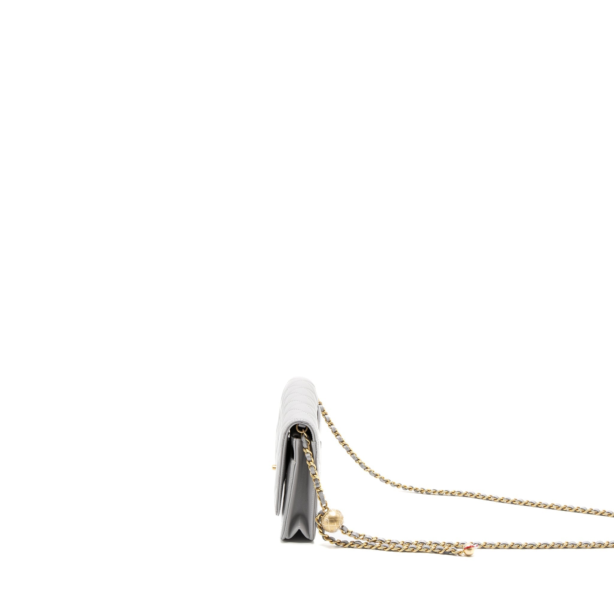 CHANEL PEARL CRUSH WALLET ON CHAIN LAMBSKIN LIGHT GREY BRUSHED GHW (MICROCHIP)