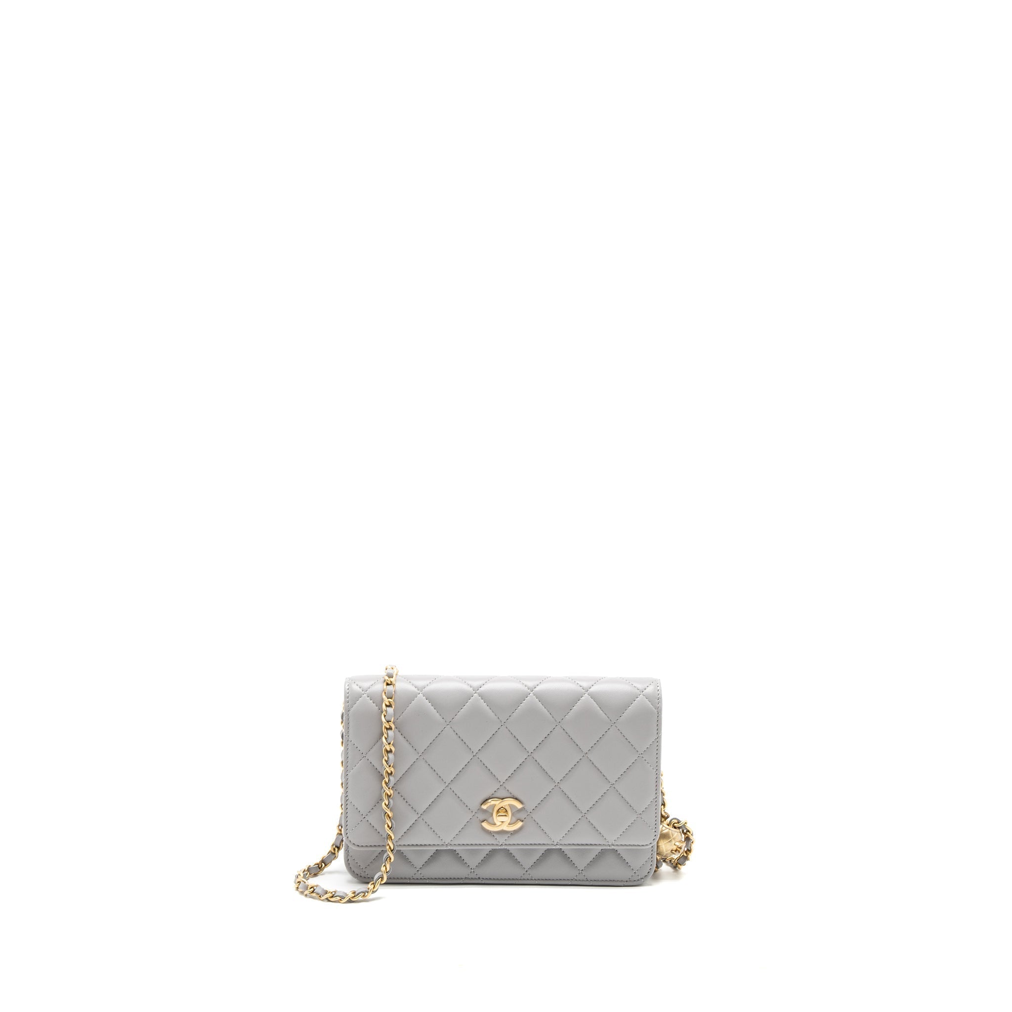 CHANEL PEARL CRUSH WALLET ON CHAIN LAMBSKIN LIGHT GREY BRUSHED GHW (MICROCHIP)