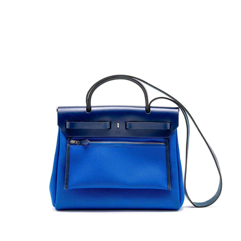 HERMES HERBAG 31 ZIP BAG CANVAS/HUNTER LEATHER BLEU BILLARD/BLEU SAPHIR SHW