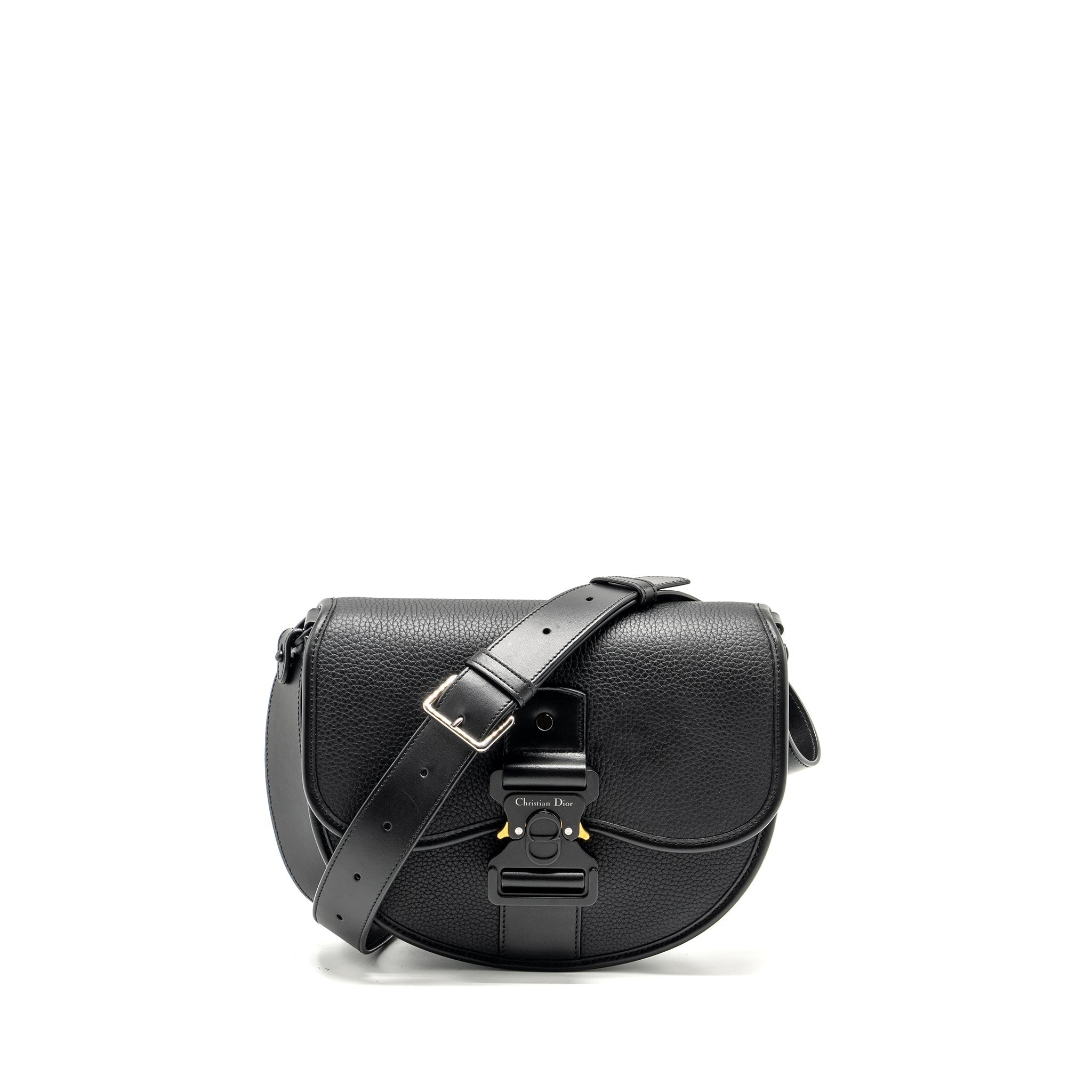 DIOR LARGE GALLOP BAG WITH STRAP GRAINED SMOOTH CALFSKIN BLACK SILVER/GOLD HARDWARE