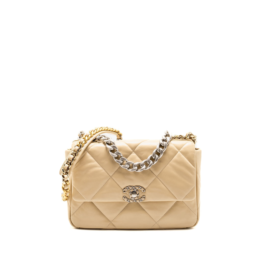 CHANEL LARGE 19 BAG LAMBSKIN LIGHT BEIGE MULTICOLOUR HARDWARE (MICROCHIP)