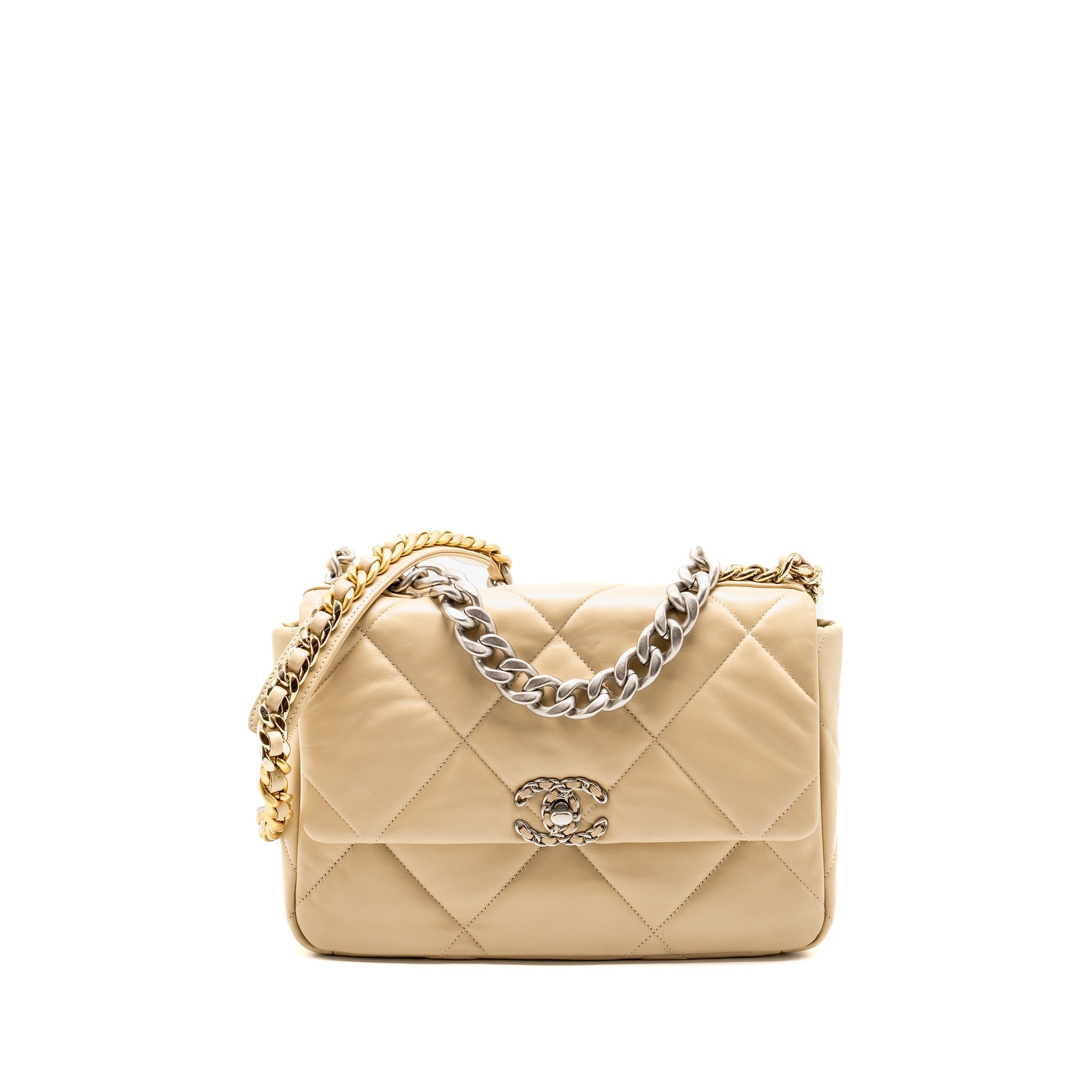 CHANEL LARGE 19 BAG LAMBSKIN LIGHT BEIGE MULTICOLOUR HARDWARE (MICROCHIP)