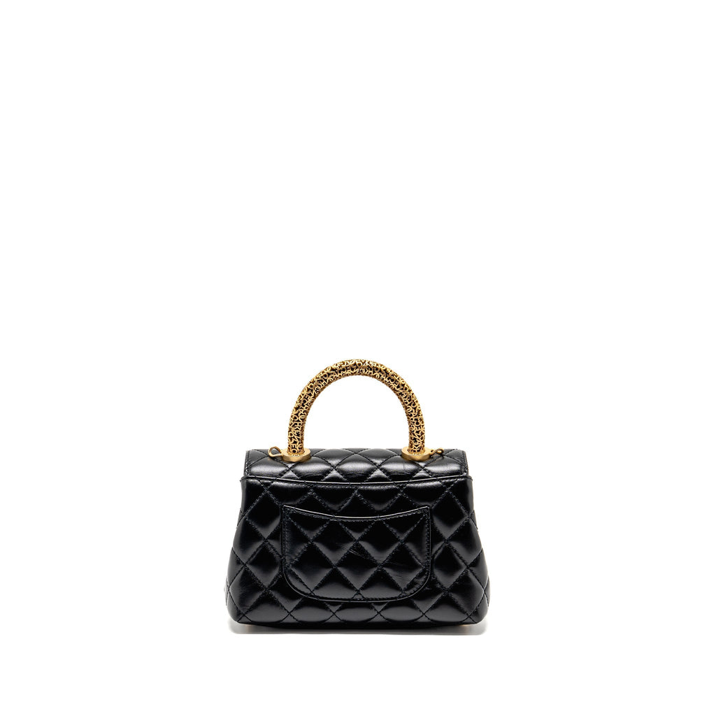 CHANEL DETAILED METAL TOP HANDLE MINI COCO HANDLE FLAP BAG SHINY CALFSKIN BLACK GHW (MICROCHIP)