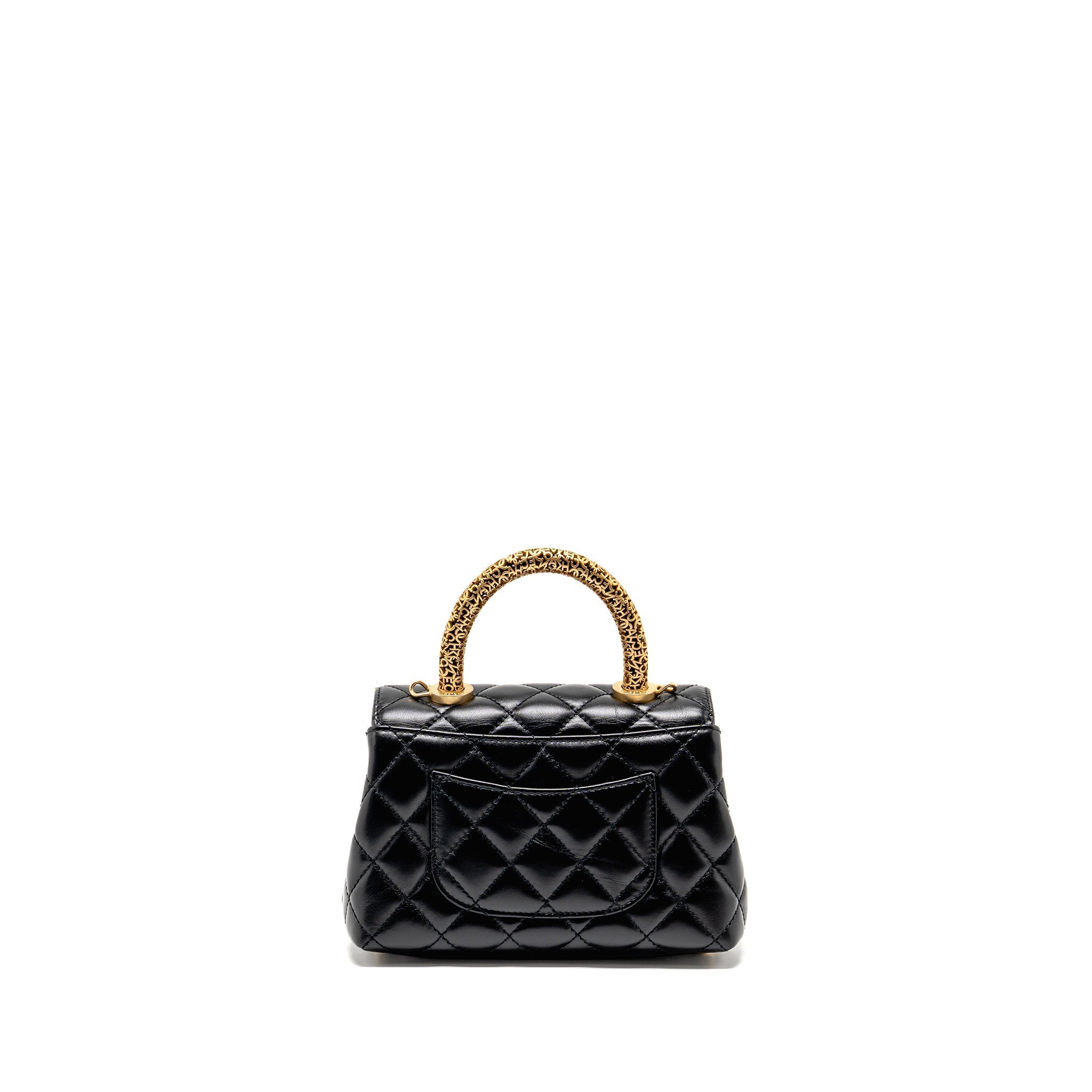 CHANEL DETAILED METAL TOP HANDLE MINI COCO HANDLE FLAP BAG SHINY CALFSKIN BLACK GHW (MICROCHIP)