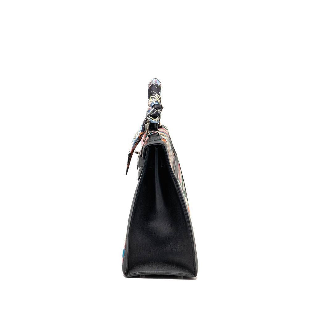 HERMES KELLY 32 LIMITED EDITION TOILE DE WASHED CANVAS / SWIFT LEATHER BLACK / CAVALCADOUR PRINT SHW
