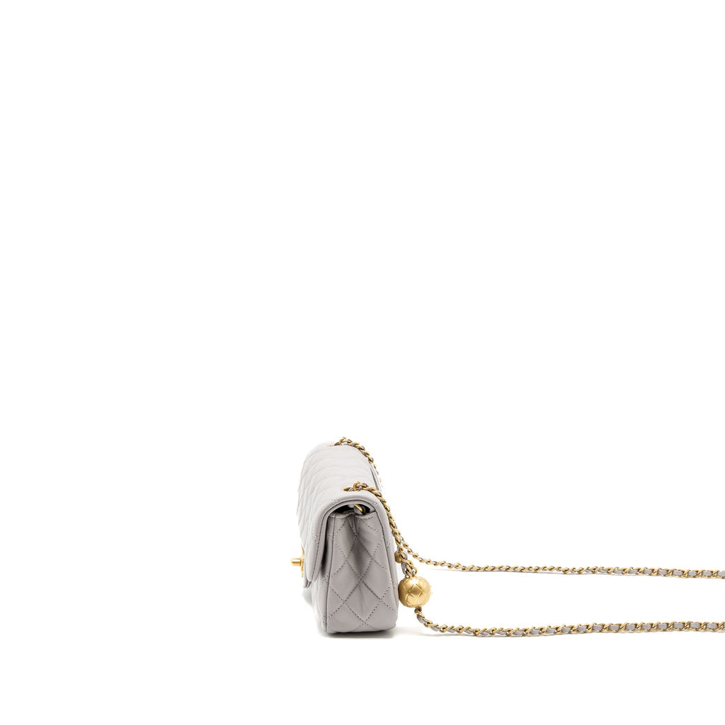 CHANEL PEARL CRUSH MINI RECTANGULAR LAMBSKIN LIGHT GREY BRUSHED GHW (MICROCHIP)