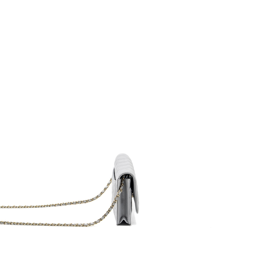 CHANEL CLASSIC WALLET ON CHAIN CAVIAR LIGHT GREY LGHW (MICROCHIP)