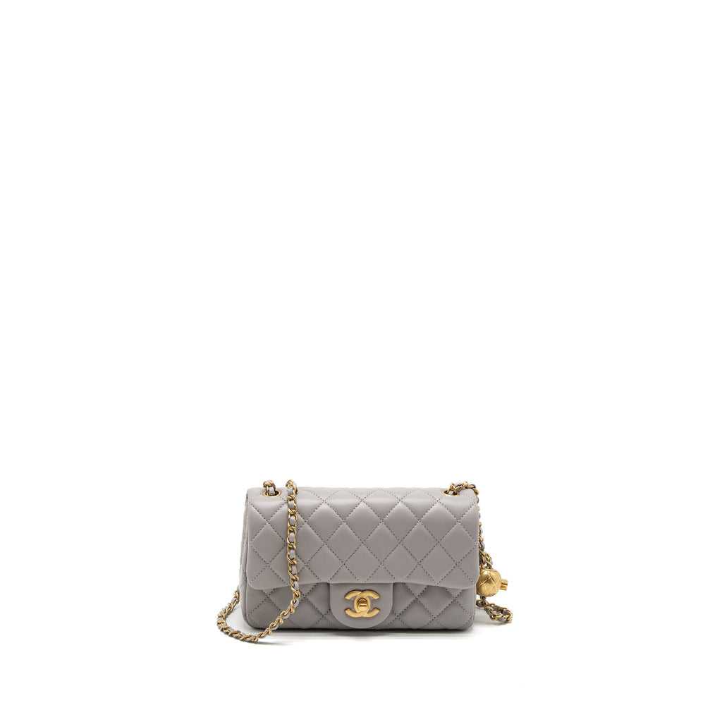CHANEL PEARL CRUSH MINI RECTANGULAR LAMBSKIN LIGHT GREY BRUSHED GHW (MICROCHIP)