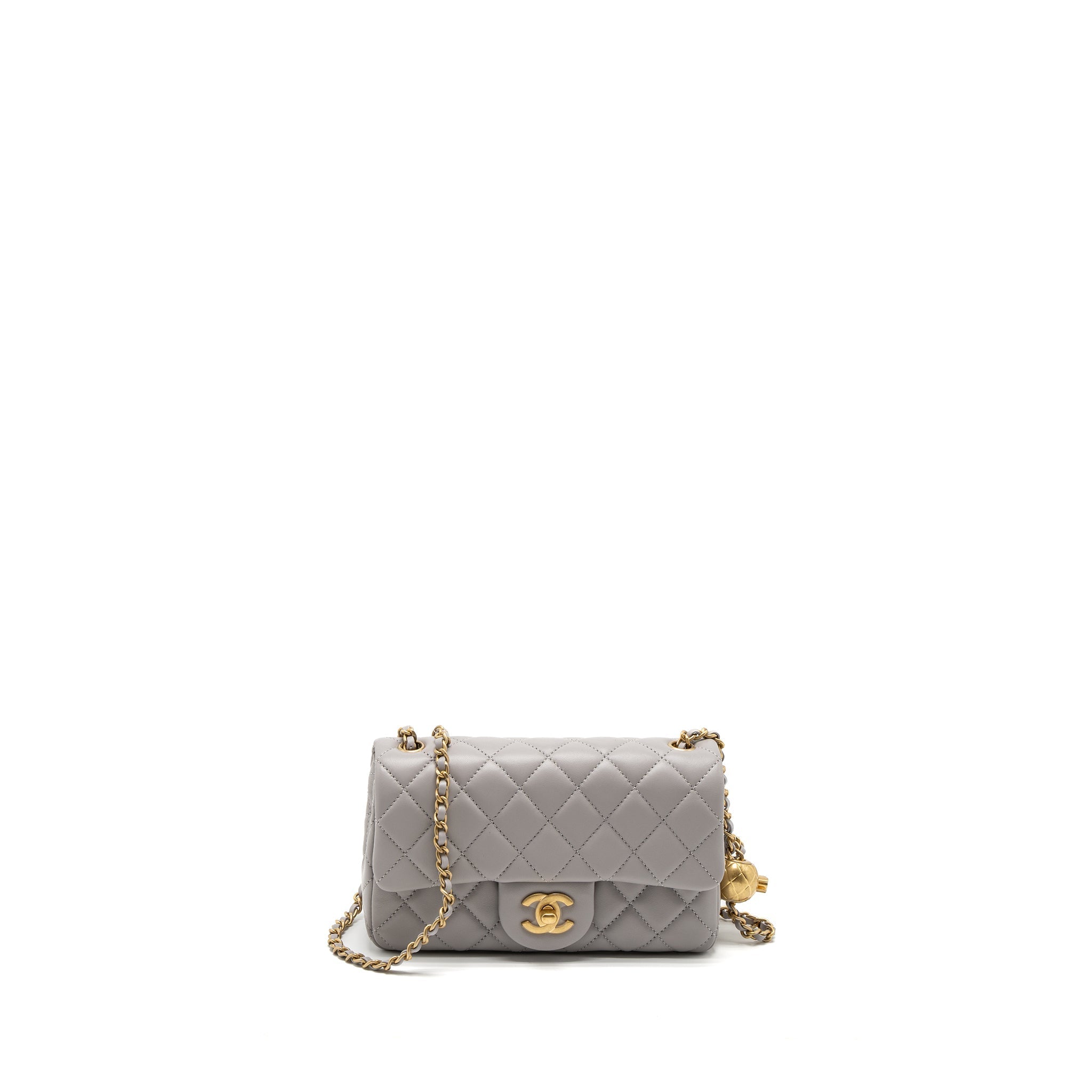 CHANEL PEARL CRUSH MINI RECTANGULAR LAMBSKIN LIGHT GREY BRUSHED GHW (MICROCHIP)