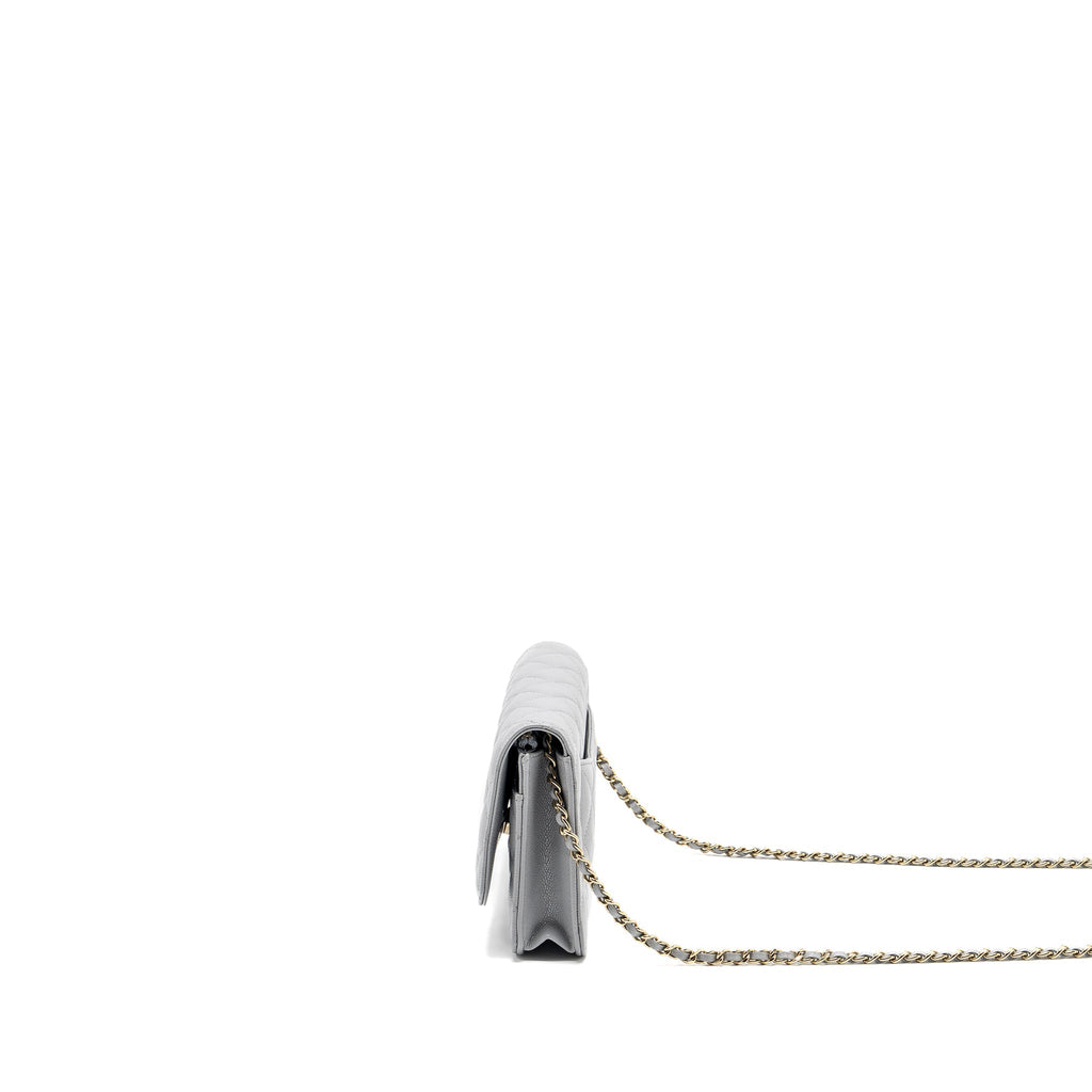 CHANEL CLASSIC WALLET ON CHAIN CAVIAR LIGHT GREY LGHW (MICROCHIP)