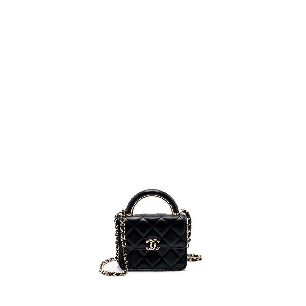 CHANEL TOP HANDLE MINI FLAP BAG WITH CHAIN LAMBSKIN BLACK LGHW (MICROCHIP)