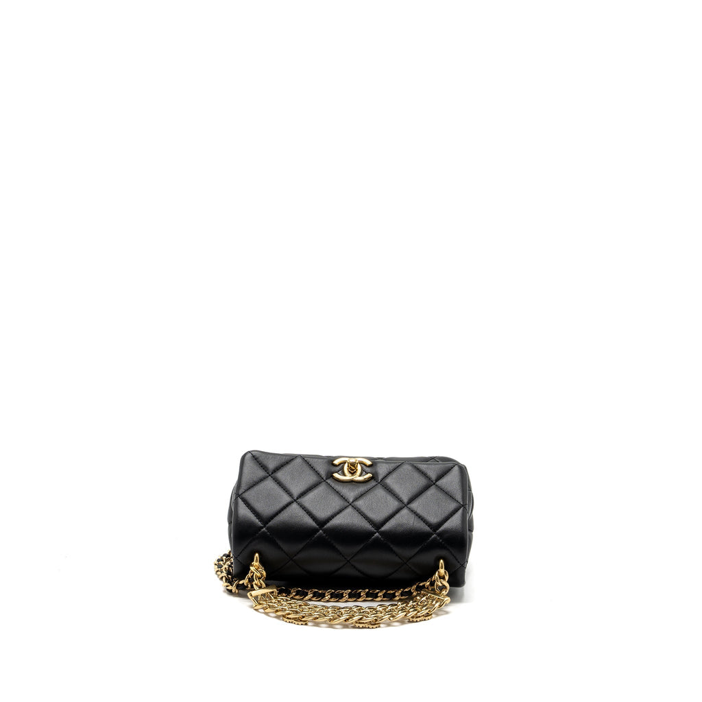 CHANEL LOGO CHAIN HANDLE FLAP BAG LAMBSKIN BLACK GHW(MICROCHIP)