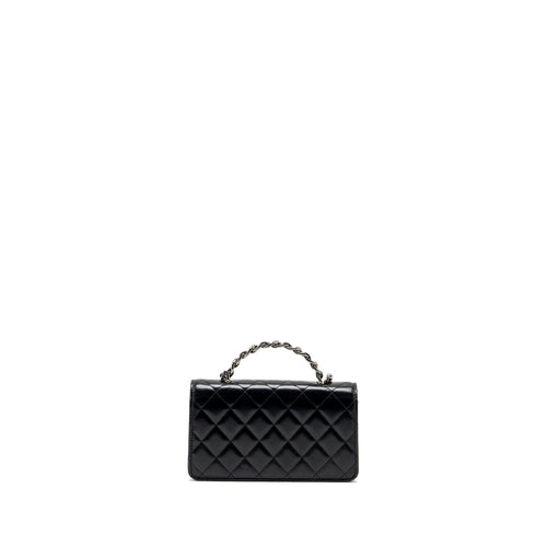CHANEL CRYSTAL TOP HANDLE MINI FLAP BAG CALFSKIN BLACK WITH BLACK HARDWARE (MICROCHIP)