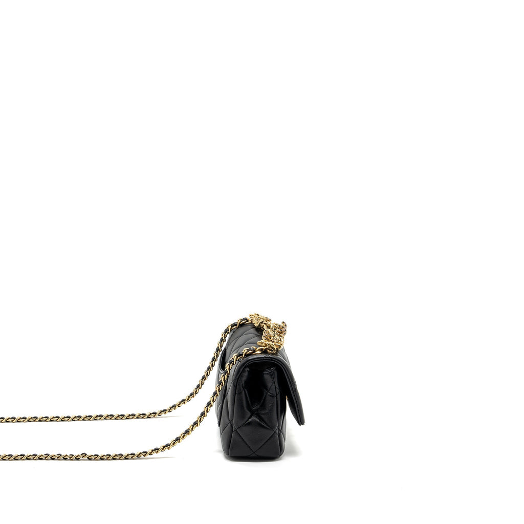 CHANEL LOGO CHAIN HANDLE FLAP BAG LAMBSKIN BLACK GHW(MICROCHIP)