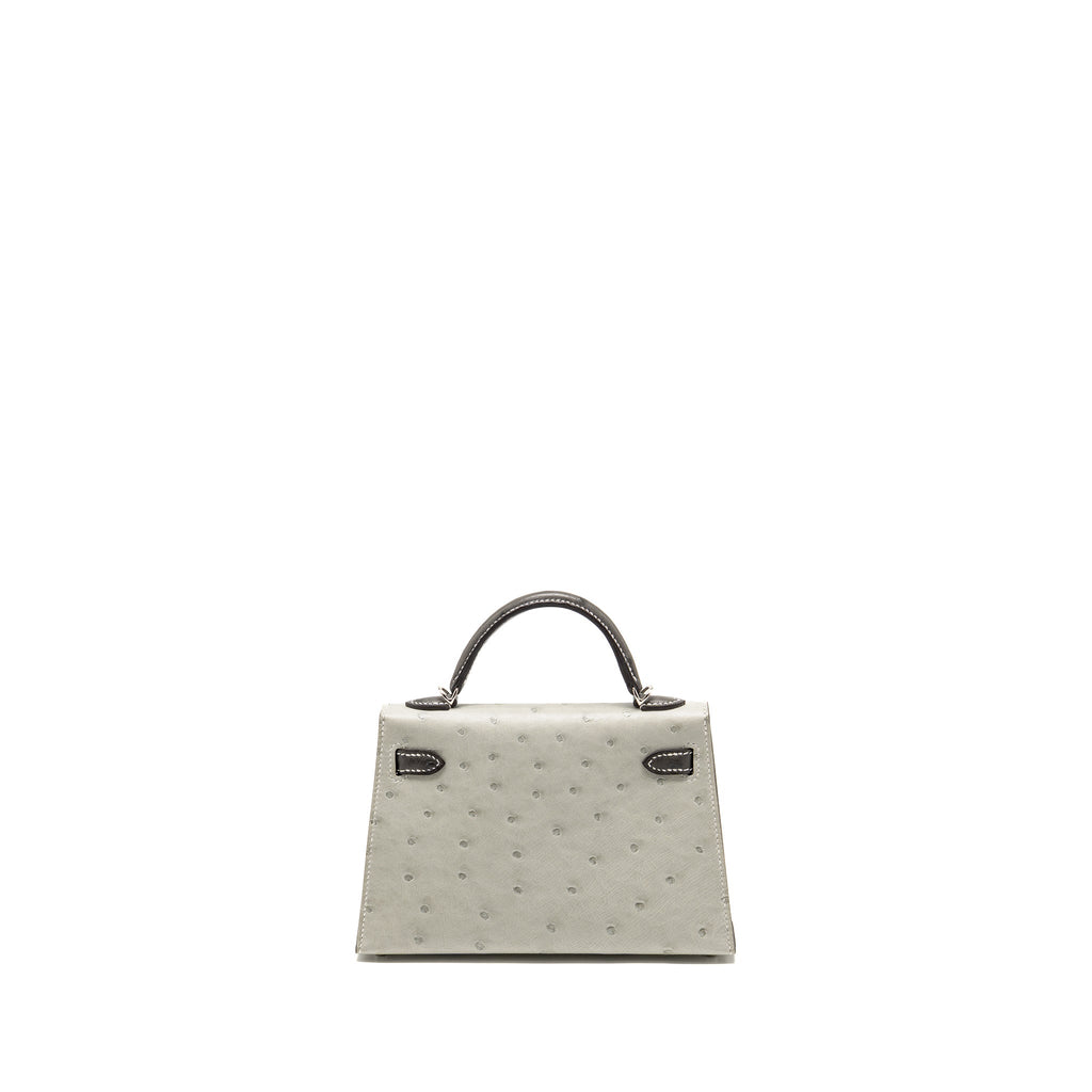 HERMES MINI KELLY II SPECIAL ORDER OSTRICH GRIS PERLE / GRAPHITE SHW