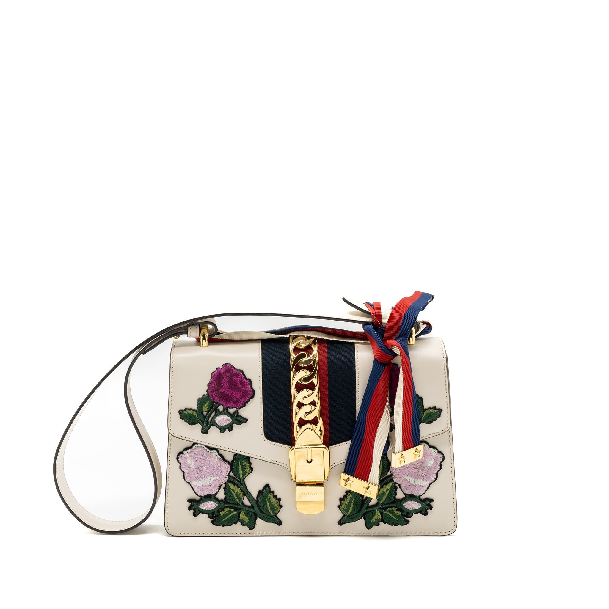 GUCCI SYLVIE EMBROIDERED SHOULDER BAG CALFSKIN WHITE GHW