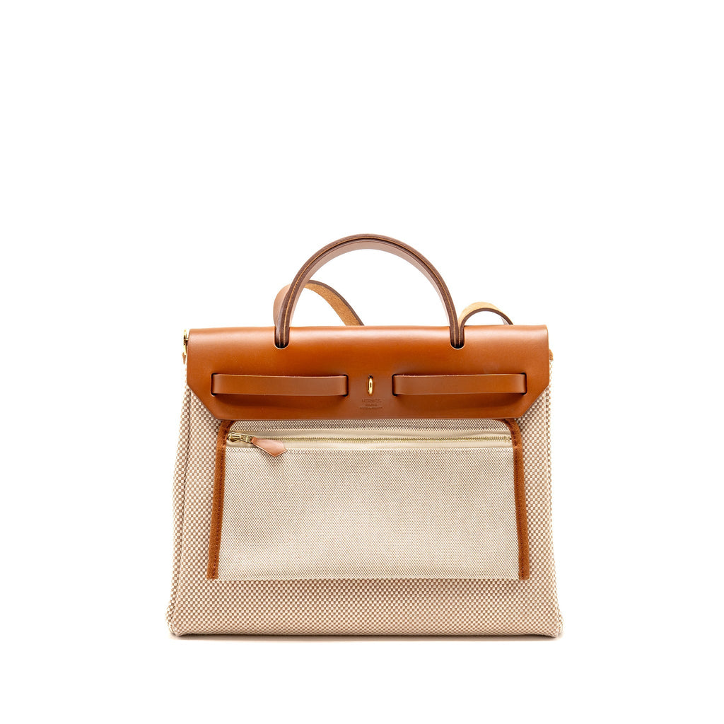 HERMES HERBAG 31 ZIP BAG CANVAS/VACHE HUNTER ECRU-BEIGE/FAUVE GHW