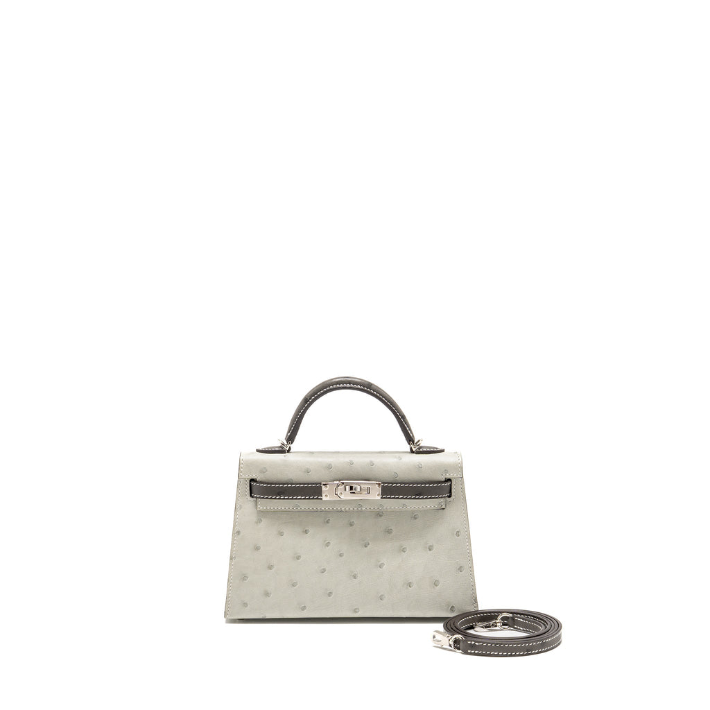 HERMES MINI KELLY II SPECIAL ORDER OSTRICH GRIS PERLE / GRAPHITE SHW