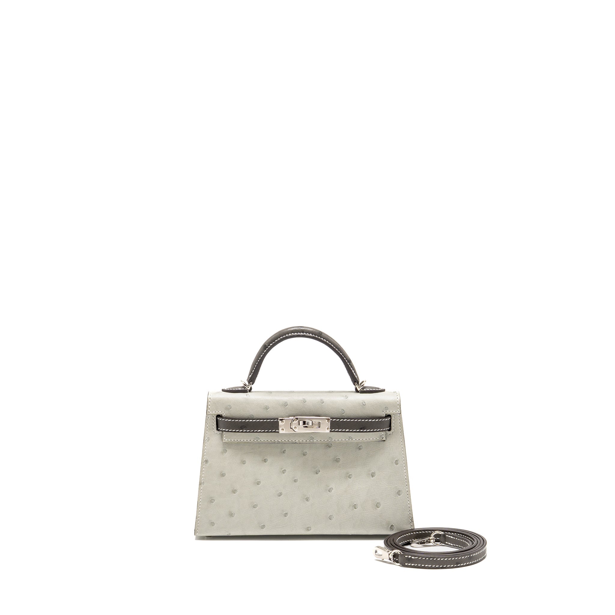 HERMES MINI KELLY II SPECIAL ORDER OSTRICH GRIS PERLE / GRAPHITE SHW