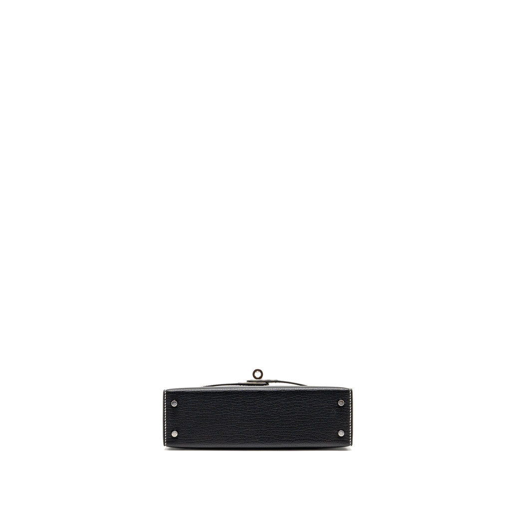 HERMES MINI KELLY II SPECIAL ORDER CHEVRE MYSORE BLACK / GRIS PERLE WHITE STITCHING SHW