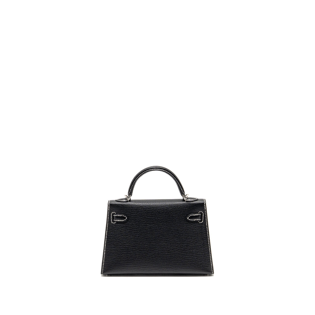 HERMES MINI KELLY II SPECIAL ORDER CHEVRE MYSORE BLACK / GRIS PERLE WHITE STITCHING SHW