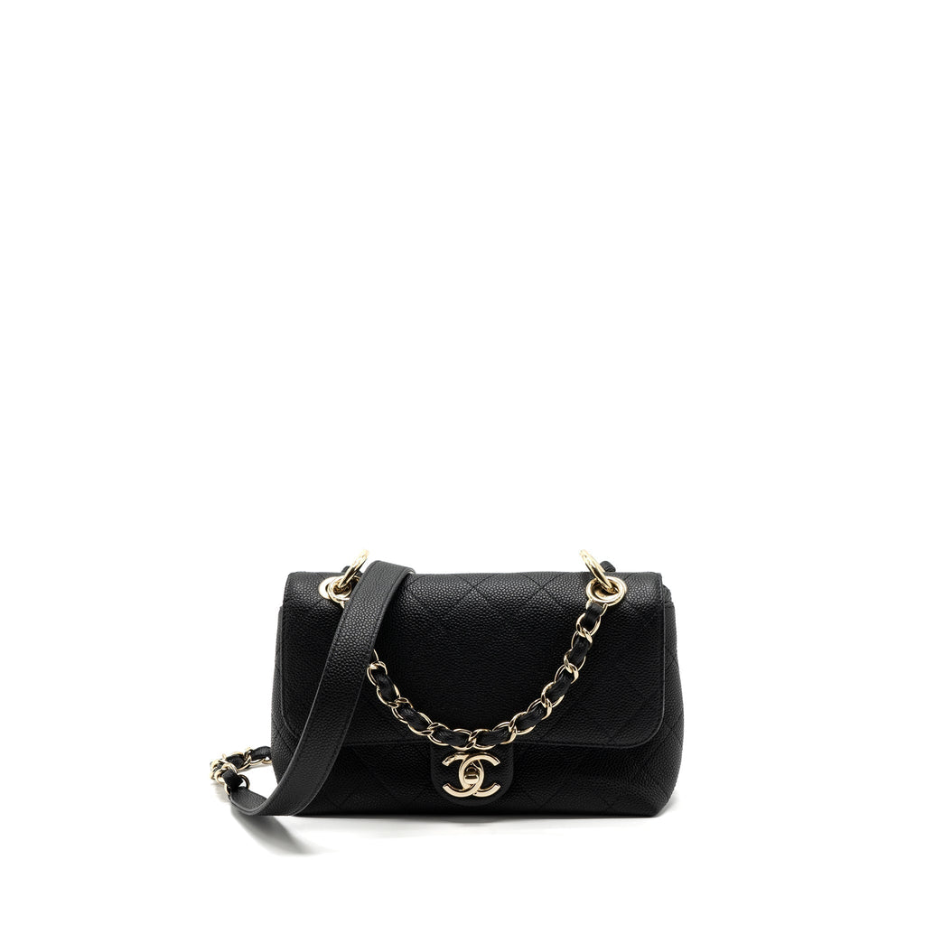 CHANEL FLAP BAG WITH CHAINS HANDLE QUILTED CALFSKIN BLACK GHW