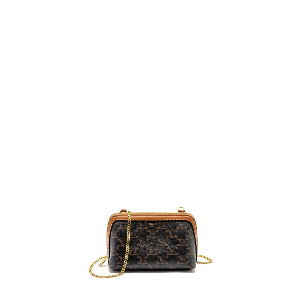 CELINE CLUTCH WITH CHAIN IN TRIOMPHE CANVAS / LAMBSKIN TAN GHW