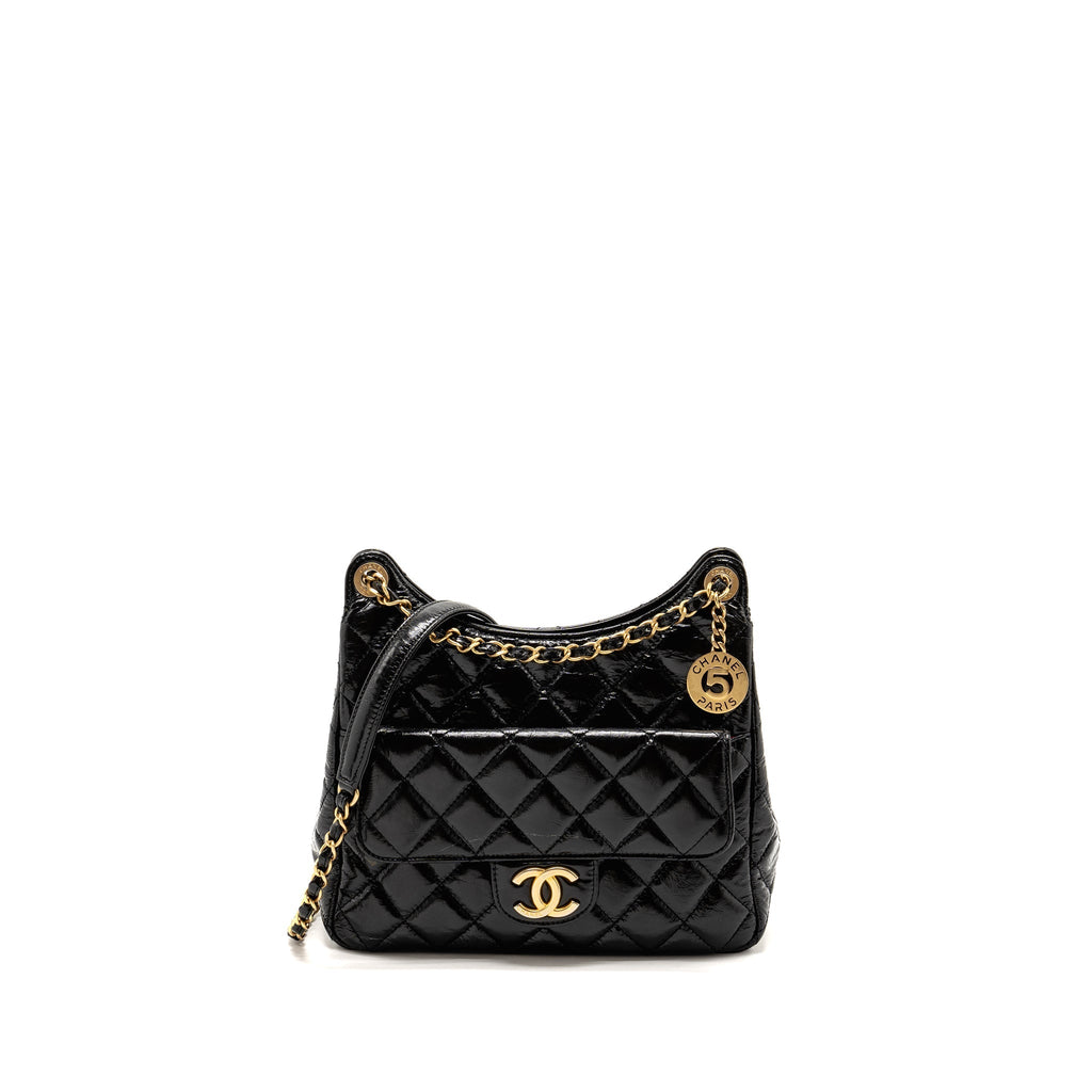 CHANEL HOBO BAG SHINY CALFSKIN BLACK GHW (MICROCHIP)