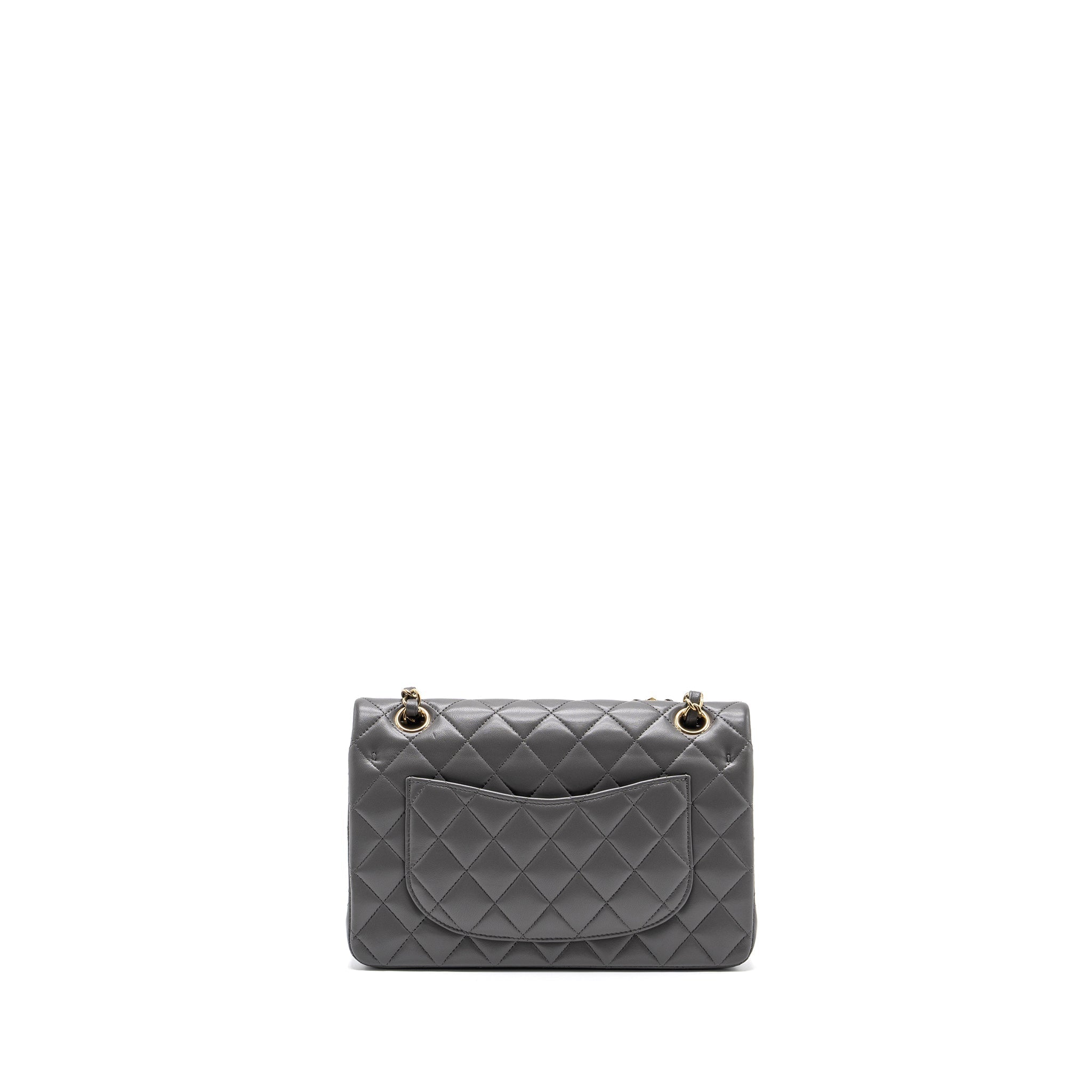 CHANEL SMALL CLASSIC DOUBLE FLAP BAG LAMBSKIN 22A GREY LGHW (MICROCHIP)