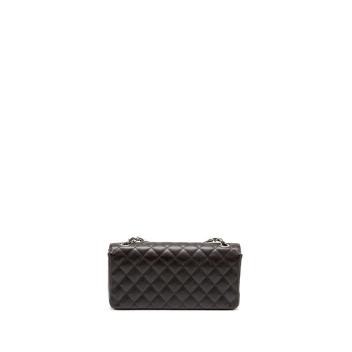 CHANEL EAST WEST CLASSIC QUILTED FLAP BAG CAVIAR CHOCOLATE SHW