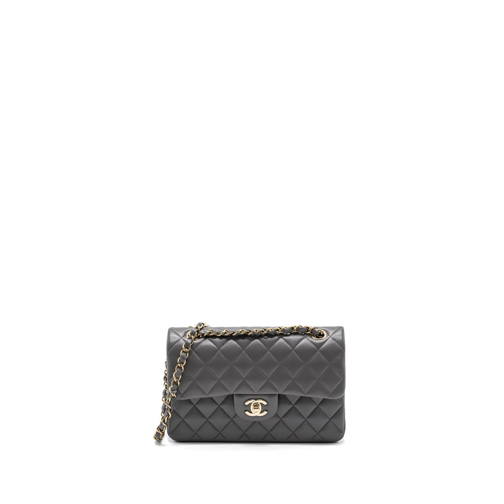 CHANEL SMALL CLASSIC DOUBLE FLAP BAG LAMBSKIN 22A GREY LGHW (MICROCHIP)