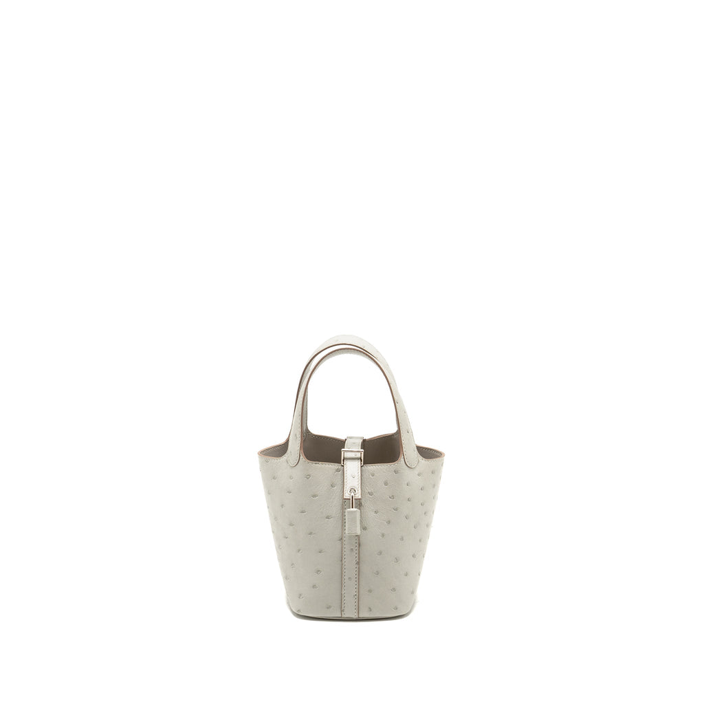 HERMES MICRO PICOTIN 14 LOCK BAG OSTRICH GRIS PERLE SHW