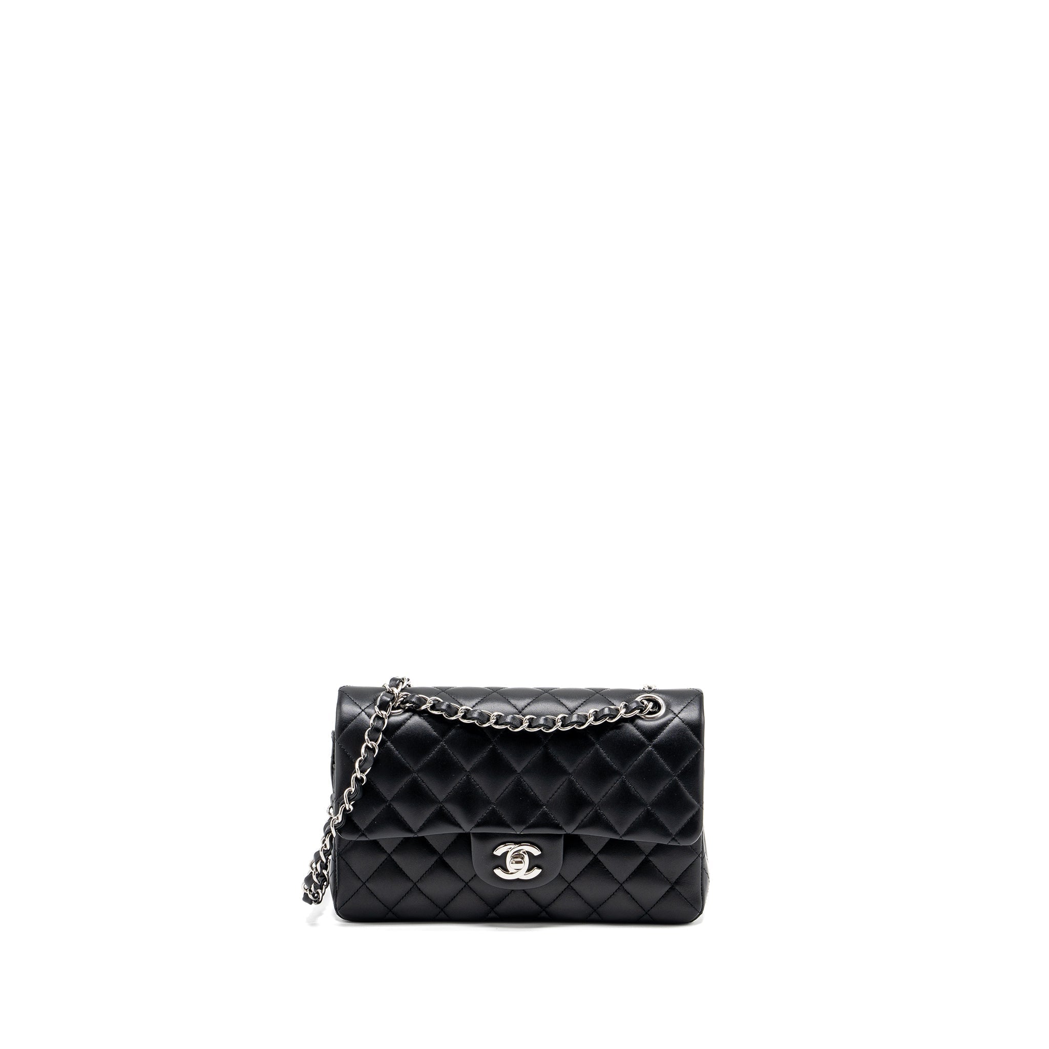 CHANEL SMALL CLASSIC DOUBLE FLAP BAG LAMBSKIN BLACK SHW (MICROCHIP)
